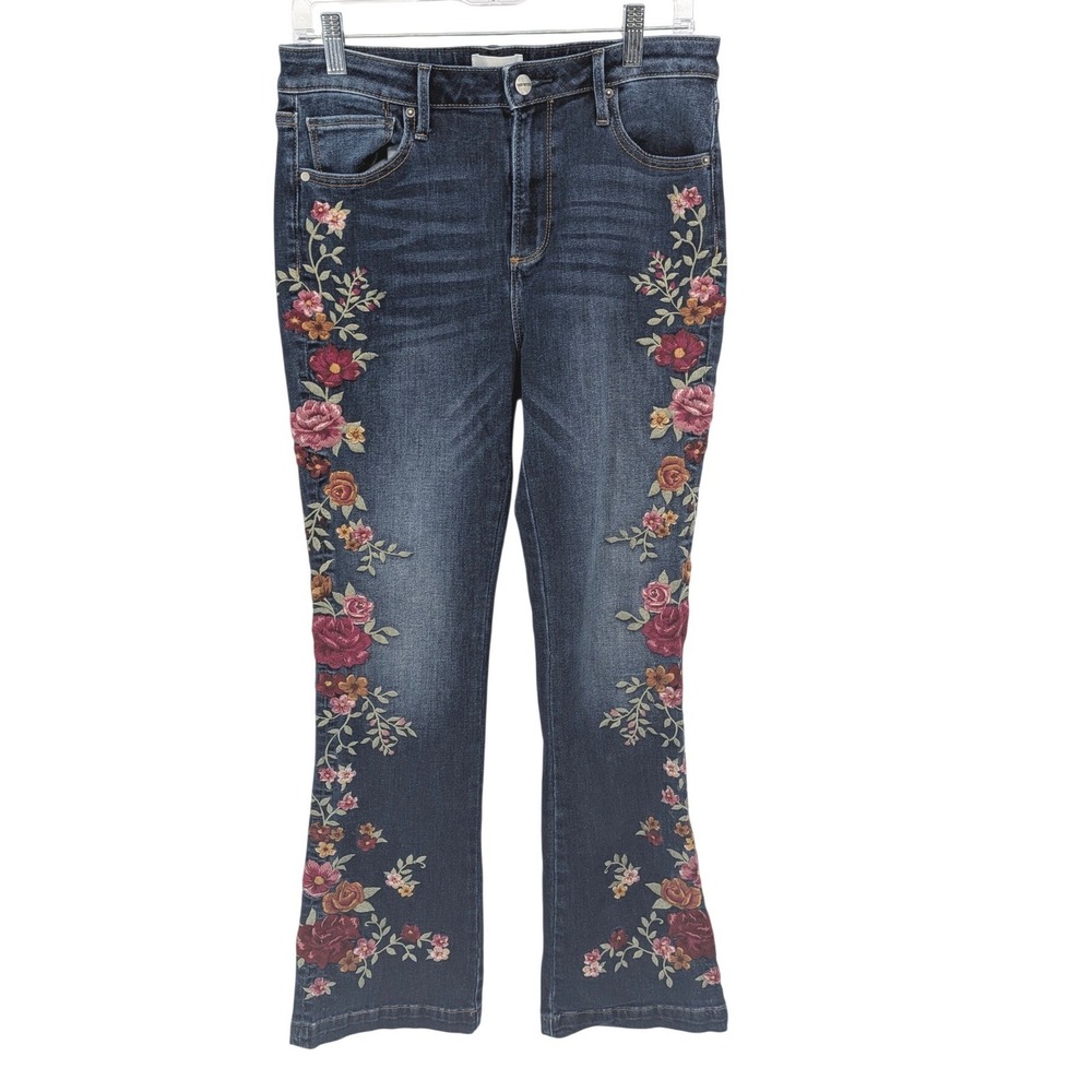 Driftwood Wyatt Jeans Women 29 Blue Floral Embroidered Bootcut Mid Rise Stretch